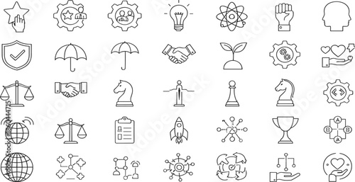 Comprehensive business strategy and leadership line icons featuring chess pieces trophies rocket launches light bulbs globe networking and legal justice scales symbols