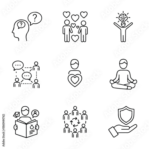 Line art icons depicting mental health relationships and wellbeing concepts