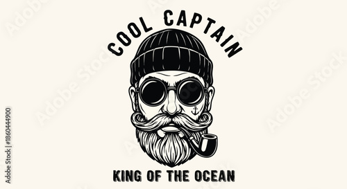 Illustration of a cool captain with a beard, pipe, and sunglasses, text "King of the Ocean".