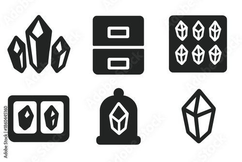 Crystalline Tool Icons. Solid style icons of crystalline collection tools: faceted crystals, archive markers, catalog grids,
