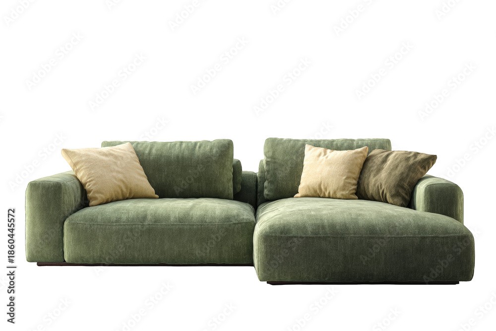 Fototapeta premium Plush modular green sectional sofa featuring comfortable accent pillows for modern living spaces on transparent background
