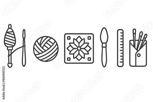 Textile Artisan Tools. Line style icons of Textile Artisan Tools: spindle and distaff, yarn ball, pattern stencil, dye brush,