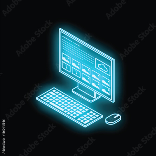 Glowing blue neon desktop computer displaying images and cloud computing on a black background