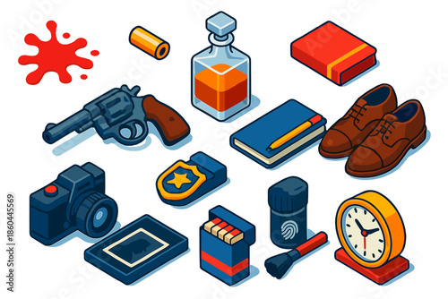 Noir Crime Icons. Isometric vector illustration set Noir Investigation: splattered blood mark, ejected bullet casing, whiskey
