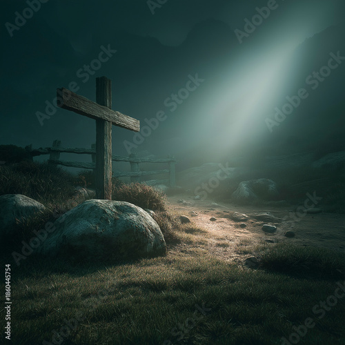 Rustic wooden cross stands on a grassy hill, bathed in a beam of light amidst a misty, mountainous landscape. Spiritual setting.