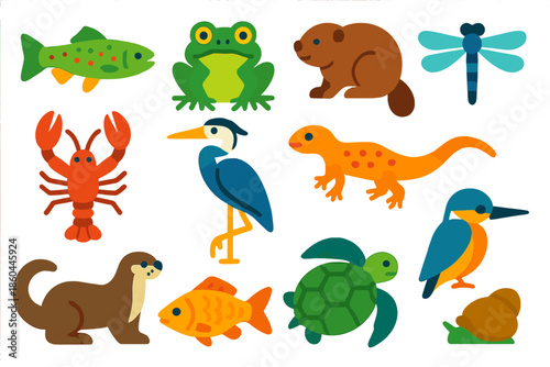 Freshwater Life Icons. Flat vector icons of freshwater life: trout, frog, beaver, dragonfly, heron, crayfish, newt, otter, carp,
