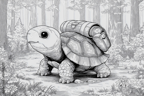 Turtle trek: A detailed black and white drawing of a charming turtle adventurer with its backpack journeying through a whimsical forest.