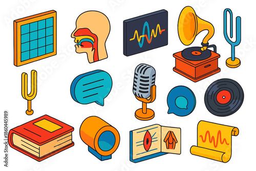 Vintage Phonetics Icons. Isometric vector illustration set Vintage Phonetics: IPA chart grid, vocal tract diagram, sound wave