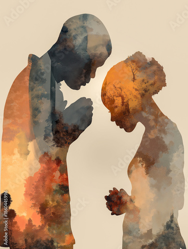 Contemplative Silhouette Art: Abstract figures immersed in nature scenes, expressing reflection and connection to the earth.