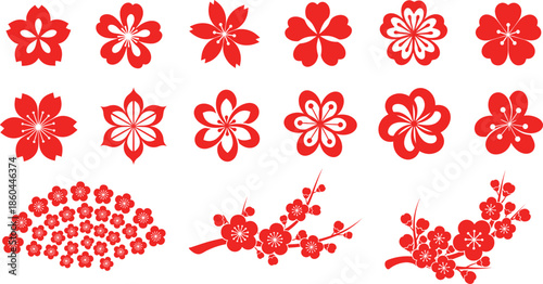 Red cherry blossom and plum flower vector set with blooming branches for traditional Japanese patterns lunar new year spring season and floral backgrounds.
