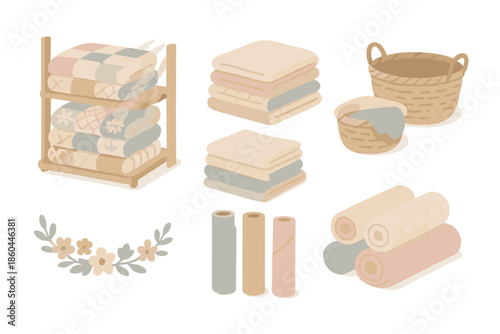 Rustic Textile Storage. Isometric vector illustration set Rustic Textile Storage: stacked quilts on shelf, folded linen piles,
