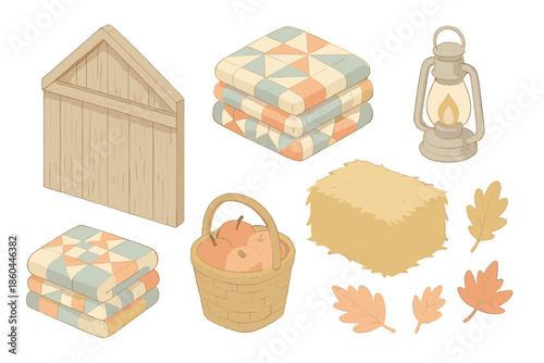 Rustic Autumn Quilt Display. Isometric vector illustration set Barnwood Quilt Harvest: rustic wooden barn wall, folded patchwork