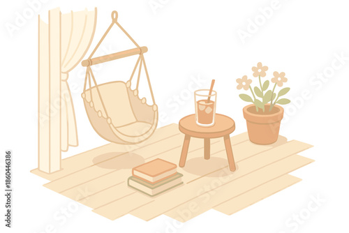 Cozy Porch Afternoon. Isometric vector illustration set Cozy Porch Afternoon: hanging hammock chair, stack of novels, iced tea on
