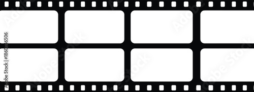 Black film strip vector silhouette, cinematic movie frame border, blank photographic negative template for video production, photography and multimedia projects.