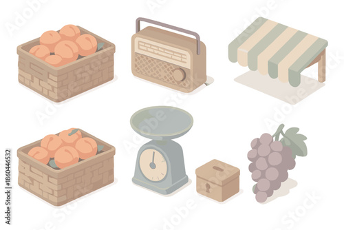 Farmers' Market Icons. Isometric vector illustration set of Farmers’ Morning Stall: woven crates of peaches, old radio, weighing