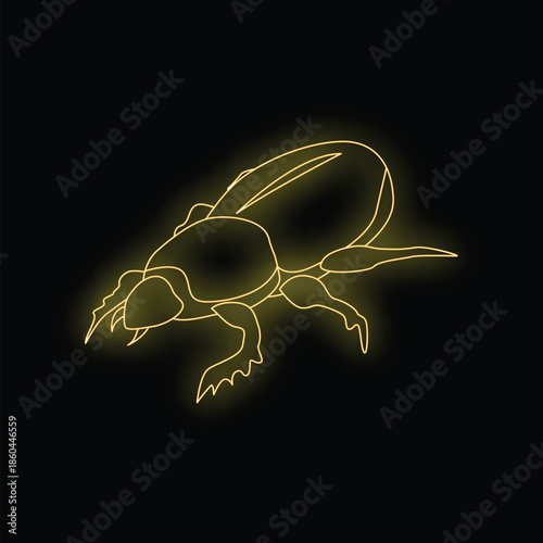 Bright neon yellow dung beetle glowing on a dark background, creating a vibrant and eye catching image