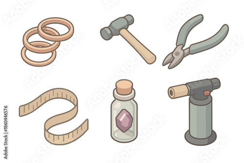 Mechanical Jewelry Workshop. Isometric vector illustration set of Mechanical Jewelry Bench: copper wire rings, mini hammer, wire