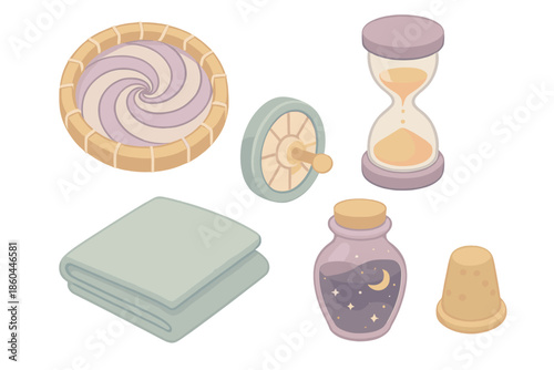 Temporal Thread Studio Icons. Isometric vector illustration set of Temporal Thread Studio: circular loom with vortex design, timer
