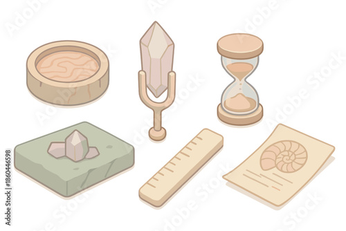 Geological Symphony Tools. Isometric vector illustration set of Geological Symphony Tools: petrified drum ring, mineral resonance