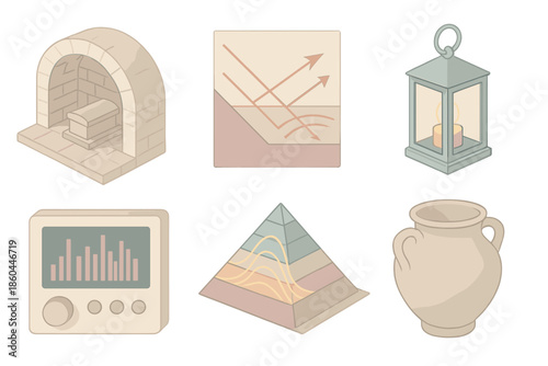 Resonant Tomb Study. Isometric vector illustration set Resonant Tomb Study: subterranean vault sketch, sound reflection chart,