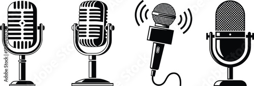 Vintage microphone icon set, retro broadcast equipment for podcasting, radio journalism, recording studio, vocal performance, music production, and audio communication symbols.