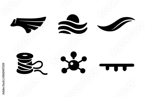 Gentle Guidance Icons. Solid style icons of Gentle Guidance: drift wing, sand mark, flowing arc, soft thread, luminous node,