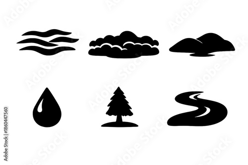 Misty Landscape Icons. Solid vector icons of misty landscapes: fog, cloud layer, hill silhouette, dew drop, distant tree, river