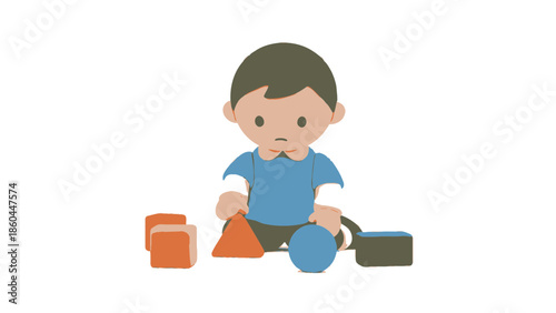 Young boy playing with assorted toys on the floor in a playful indoor setting