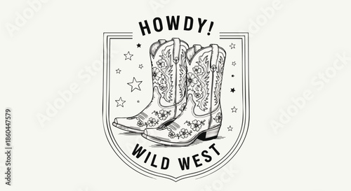 Retro Style "Howdy" and "Wild West" Text with Cowboy Boot Illustration with Floral Detail.