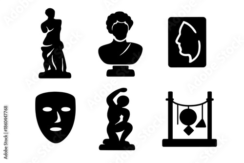 Artistic Icons Collection. Solid vector icons of sculptural and visual arts: statue, bust, relief, mask, sculpture, installation