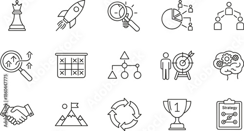 Professional business strategy and leadership icon set featuring rocket launch, goal target, trophy, chess queen, and partnership symbols.