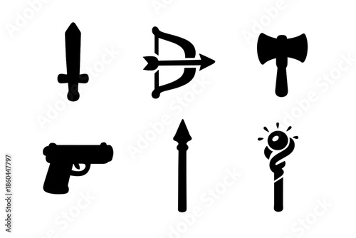 Combat Weapons Icons. Solid vector icons of weapons and combat: sword, bow, axe, gun, spear, magic staff No text, No labels,