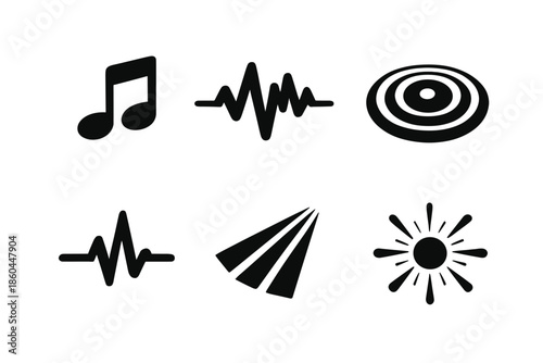 Abstract Music Icons. Solid vector icons of abstract music effects: note, wave, ripple, pulse, beam, glow No text, No labels,