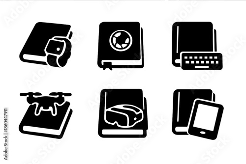 Gadget-Inspired Book Icons. Solid vector icons of books and gadgets: book with smartwatch, notebook with camera lens, journal with