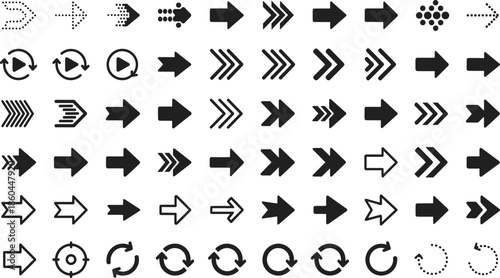 Large collection of professional arrow line icons featuring navigation pointers, direction symbols, play buttons, refresh cycles, dotted paths, and creative geometric interface indicators.