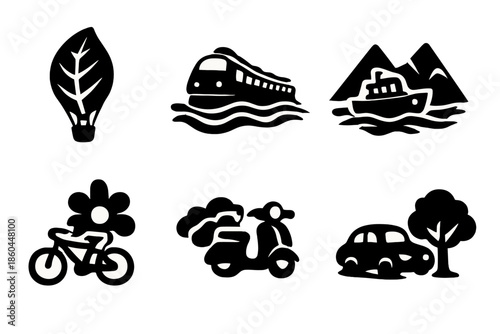 Transportation Meets Nature. Solid style icons of Transportation + Nature: hot air balloon leaf, train river, boat mountain, bike