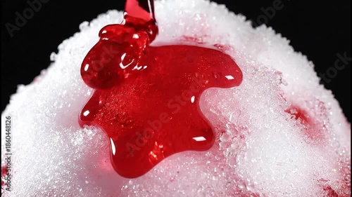 Red syrup pouring onto fluffy shaved ice in slow motion