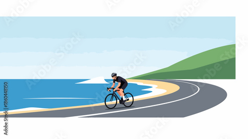Professional Cyclist Riding on Coastal Road with Ocean View