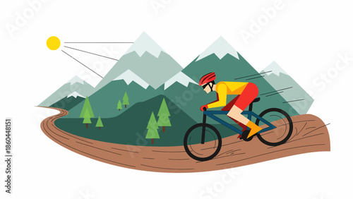 Mountain Biker Riding on Dirt Trail with Scenic Mountain View