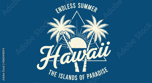 Retro Vintage Hawaii T-Shirt Design with Palm Trees and Sun.