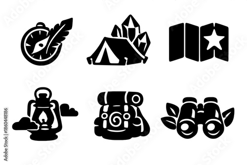 Adventure Icons Collection. Solid style icons of Travel & Adventure: compass feather, tent crystal, map star, lantern cloud,