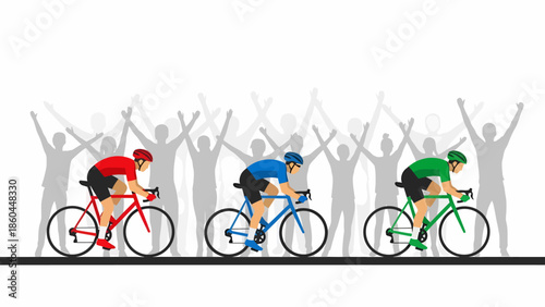Group of Professional Cyclists Racing with Cheering Crowd Silhouette