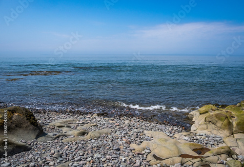 Rocky rugged coast of the Bay of Fundy at the Black Rock Lighthouse on the western side of Nova Scotis Canada