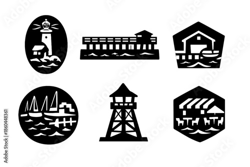 Coastal Buildings Icons. Solid style icons of Coastal Buildings: lighthouse oval, pier rectangle, boathouse pentagon, marina