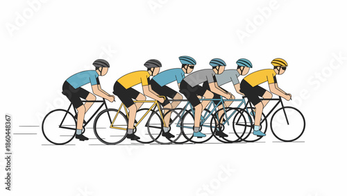 Side View of Cyclists Team Training Together in Line