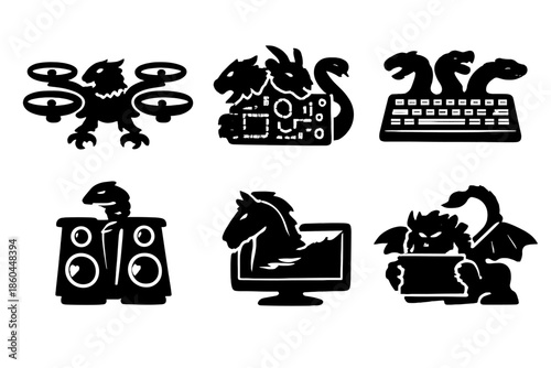 Mythical Tech Icons. Solid style icons of Mythical Electronics: griffin drone, chimera circuit board, hydra keyboard, basilisk
