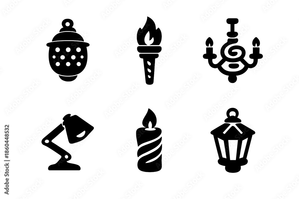 Obraz premium Geometric Light Icons. Solid style icons of Geometric Lights: lantern dot, torch stripe, chandelier spiral, lamp zigzag, candle