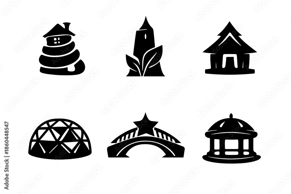 Fototapeta premium Creative Building Icons. Solid style icons of Creative Buildings: cabin spiral, tower leaf, hut arrow, dome diamond, bridge star,
