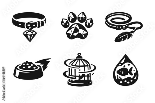 Pet Accessories Icons. Solid style icons of Pet Accessories: collar prism, paw print crystal, leash feather, food bowl comet,