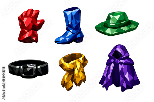 Crystal Clothing Icons. Solid style icons of Crystal Clothing: ruby glove, sapphire boot, jade hat, onyx belt, topaz scarf,